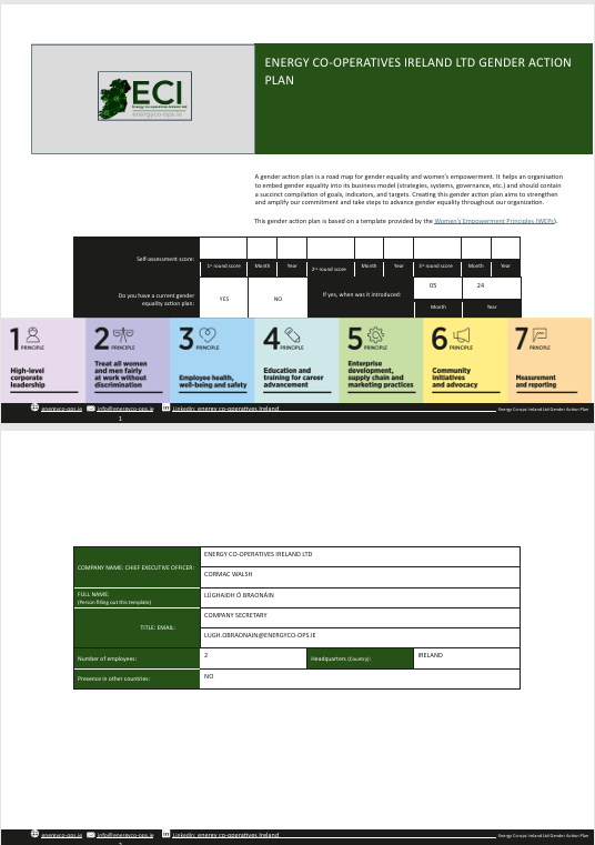 Image of the title page of Energy Co-ops Ireland's gender action plan